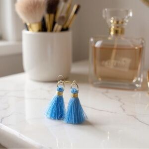 Blue Tassel Earrings  gold over silver, stamped .925